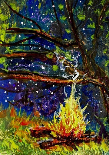 ORIGINAL ACEO Painting CAMPFIRE Night Fire TREES Woods Bonfire Camping ATC ART