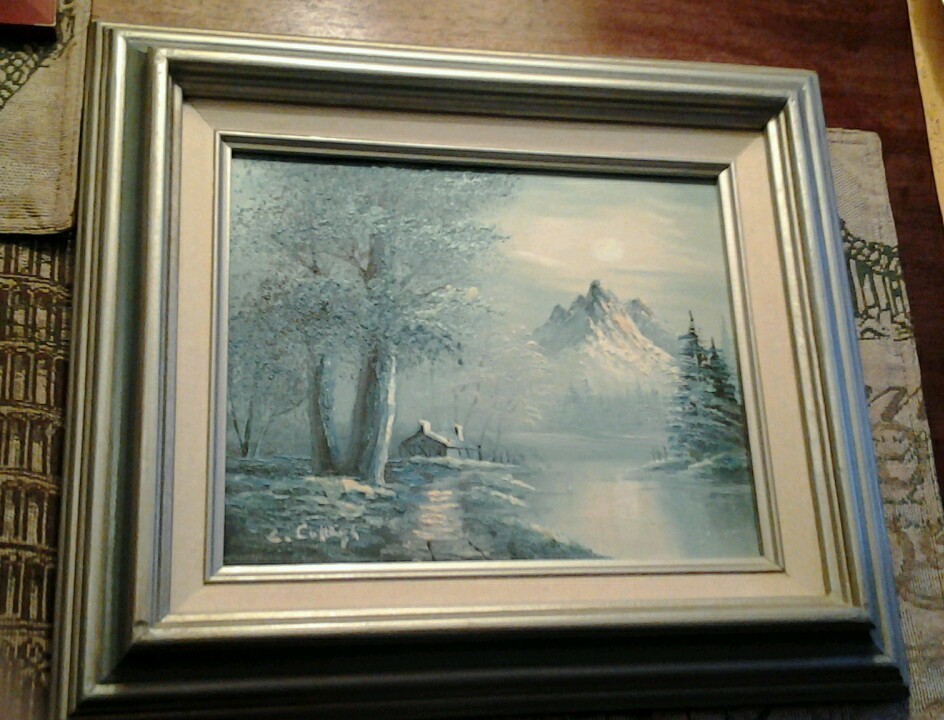Original painting of mountain scene by L. Cottlagh? Shades of blue & white. Outs