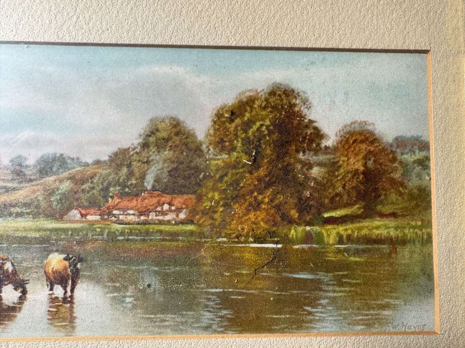 Frederick William Hayes (1848 – 1918) «Cattle By River» Mixed Media Painting