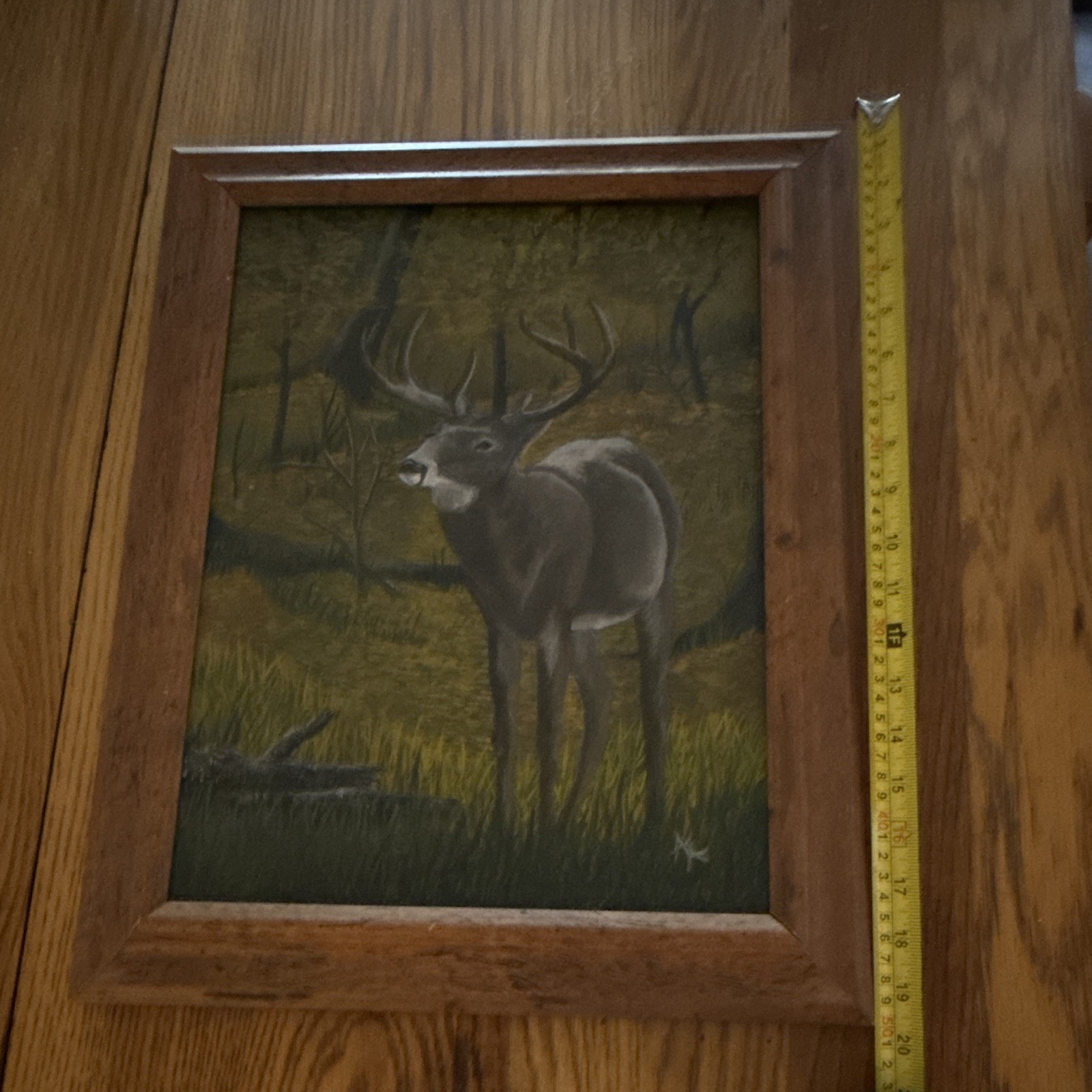Hand painted Realism Deer Buck Forest Landscape Painting, Framed Wood 20×15