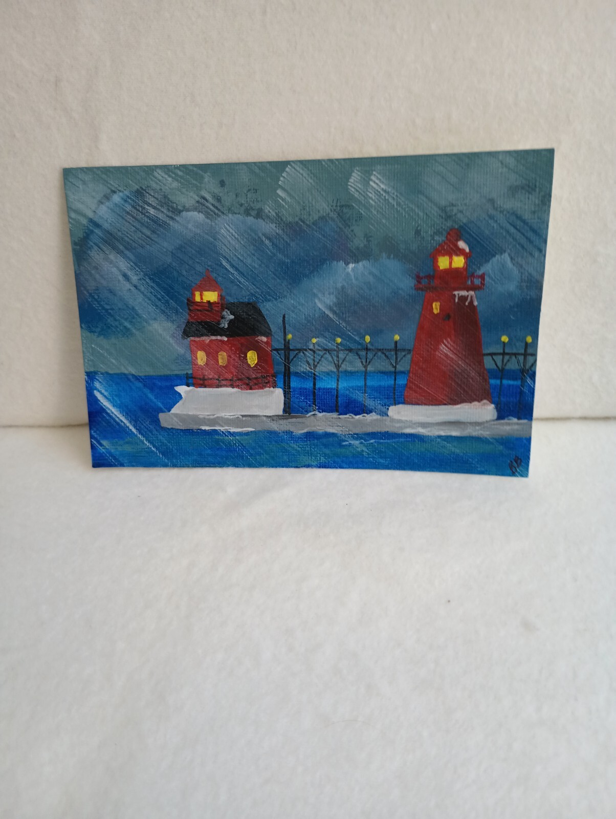 4″ X6″ Blizzard On Lake Michigan..Grand Haven MI Lighthouse
