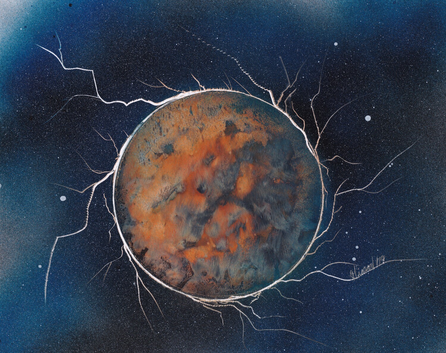 Original Space Art Super Planet from blue to orange signed by Jason Girard.