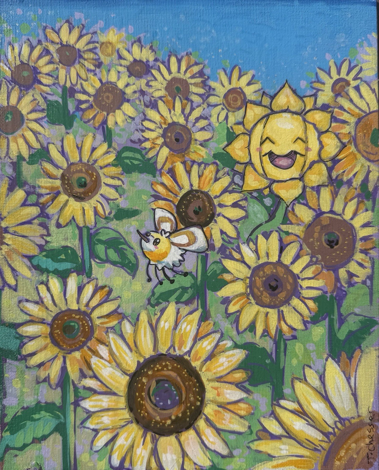Original Acrylic Painting On Canvas Board Of Pokémon Cutiefly Sunflora 8×10
