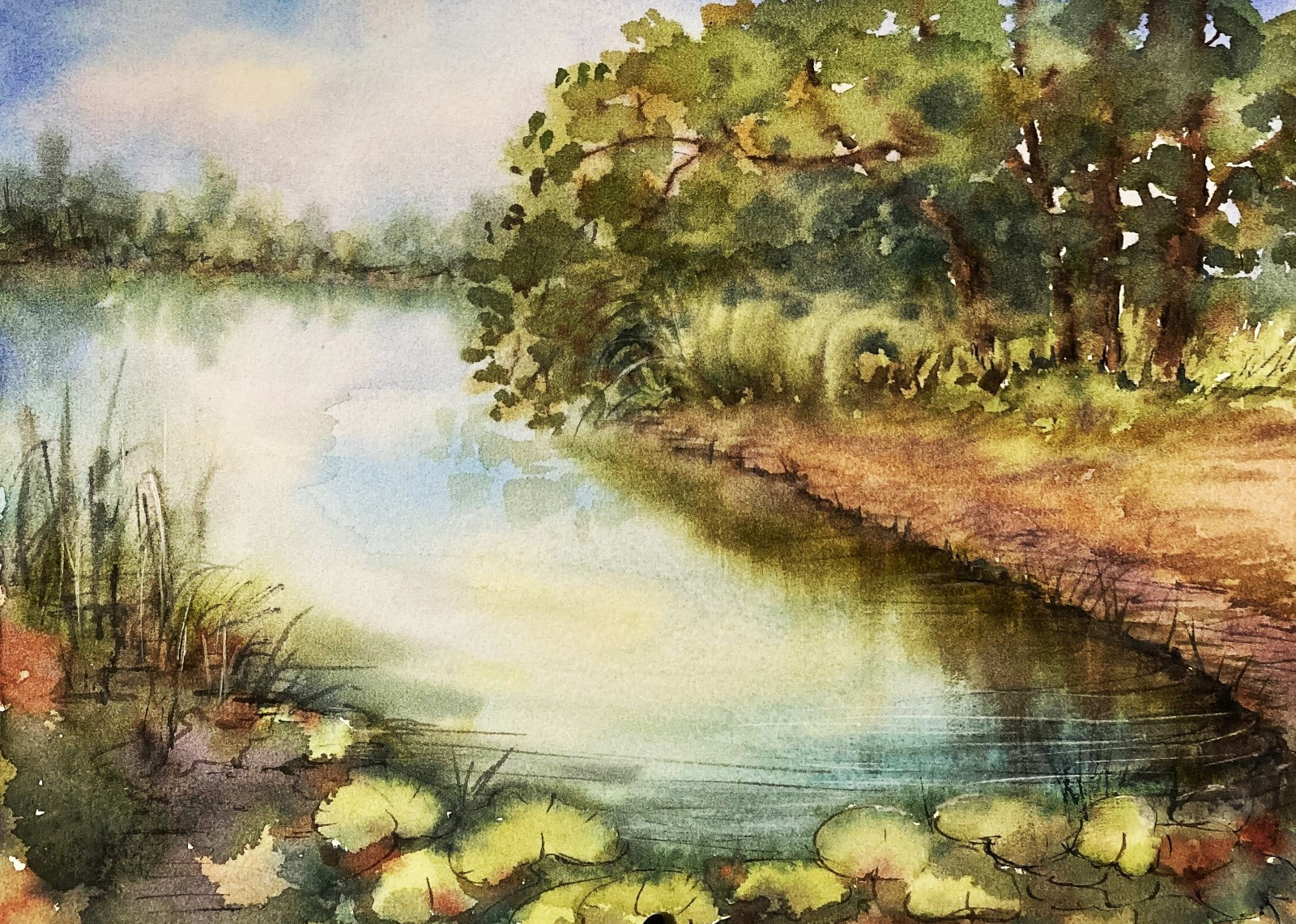 Lake Reflection Landscape Watercolor Original Painting