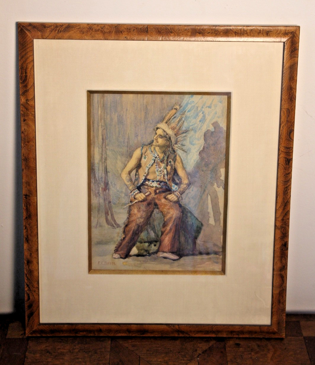 Fay Elizabeth Davis Watercolor Painting WPA Native American Man Holding Dagger