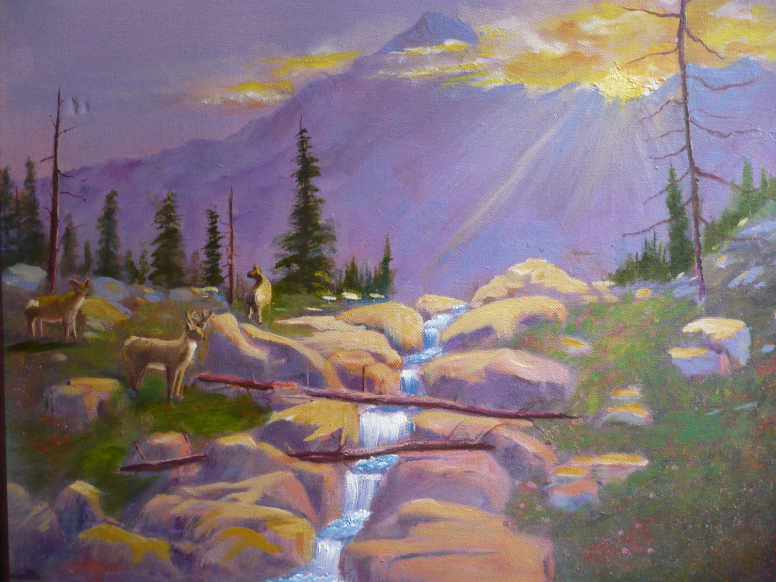 W.E. KNIGHT, Vintage OIL LUMINOUS WESTERN LANDSCAPE w/ DEER and RIVER MOUNTAIN