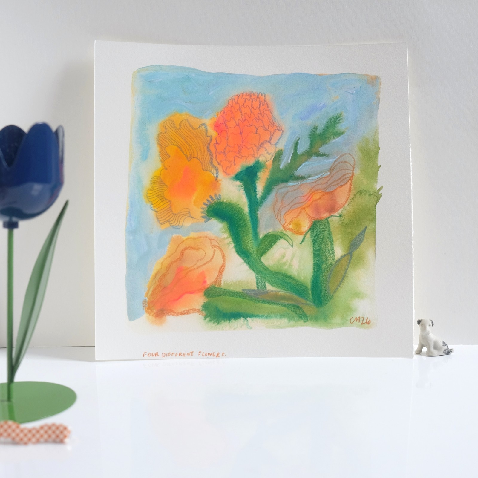 Orange Flowers Floral Woodland Ethereal Dreamy Art 100% Cotton Paper 8 x 8″
