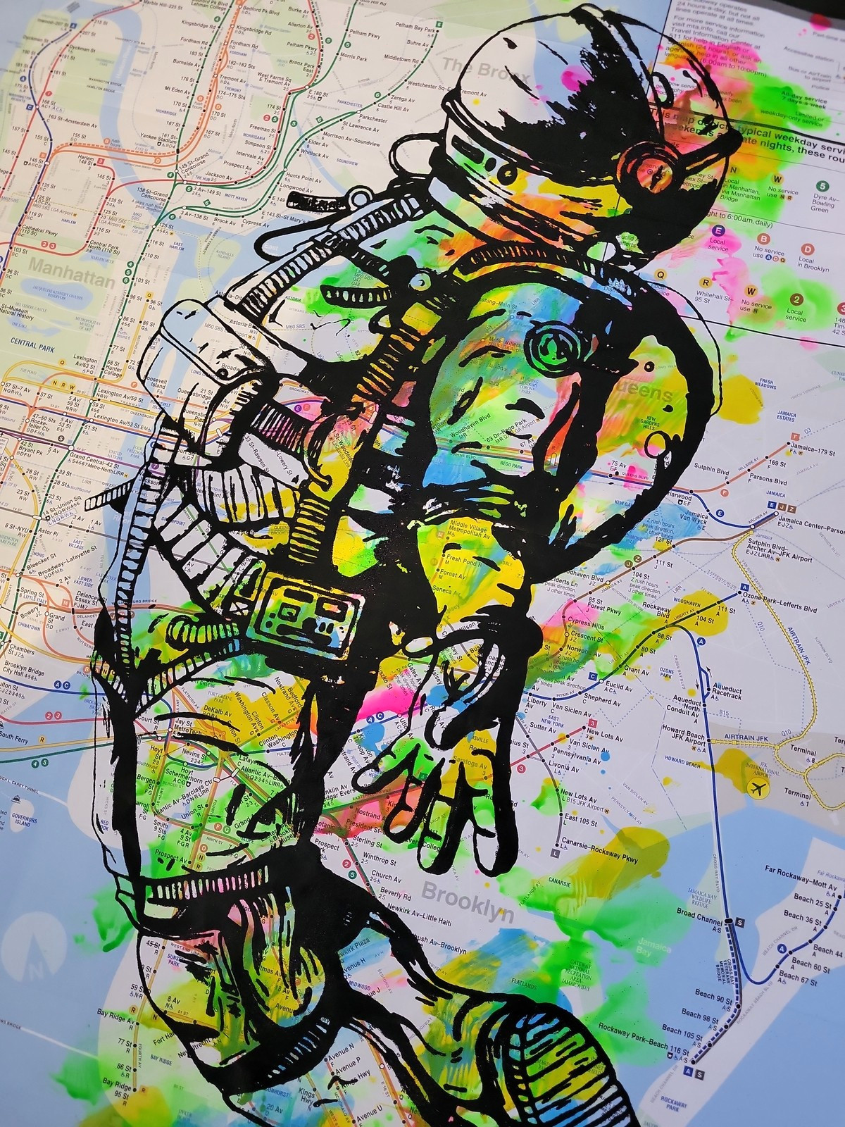Handpainted Astronaut Spaceman Acrylic Graffiti Art artwork on a NYC Subway Map