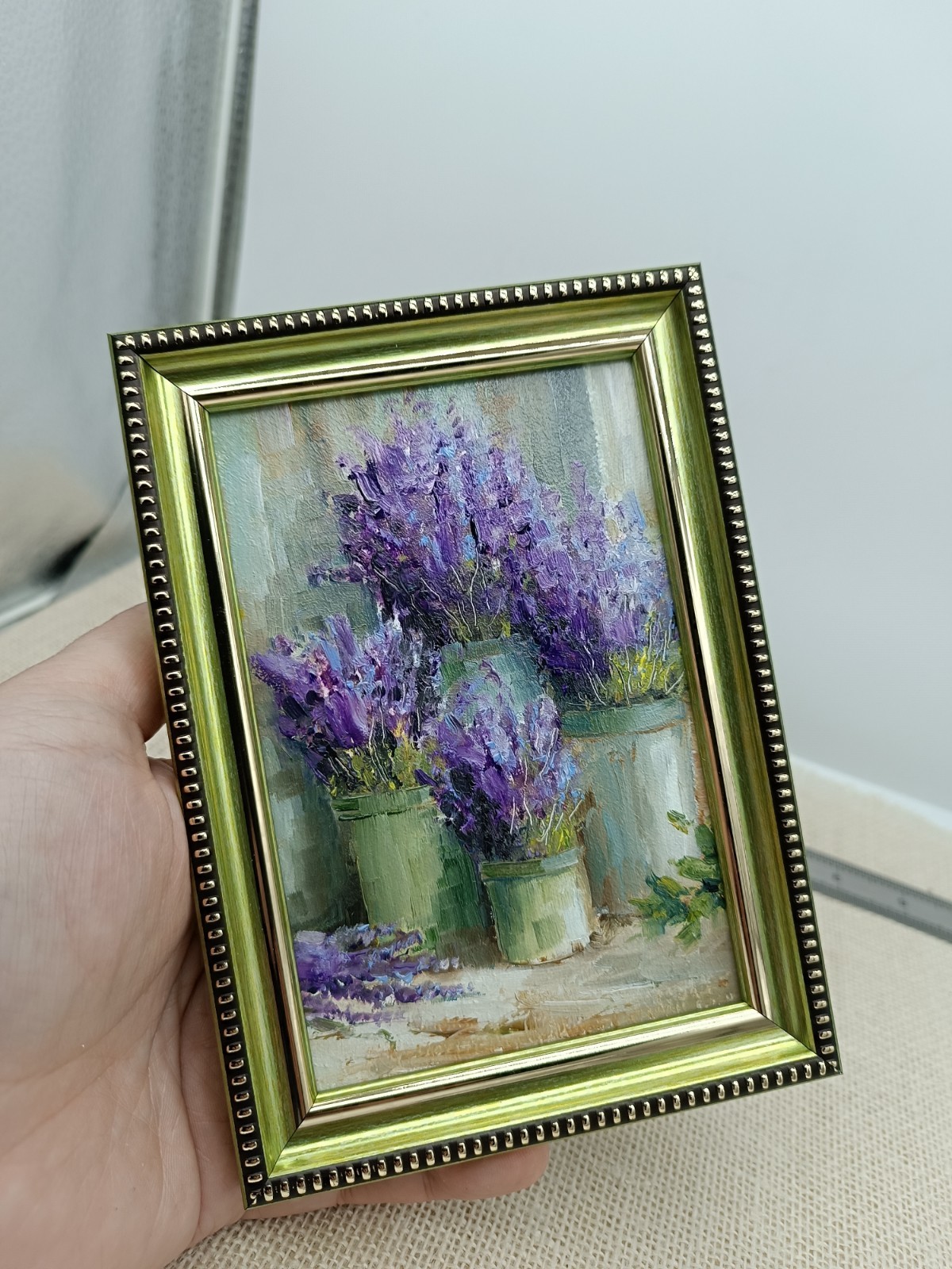 Lavender Original Oil Painting 4×6 Framed Signed Floral Still Life Flowers Art