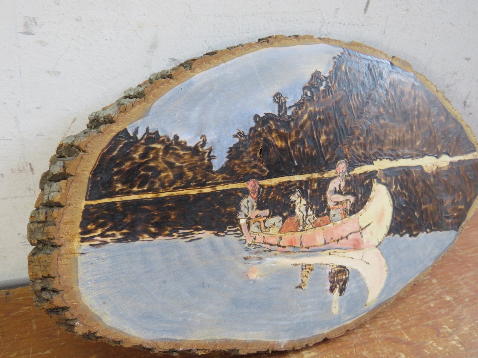 Vintage Wooden Art Canoeing w/ Bark Carving/Burning/Painting 14.5×9 Rollins
