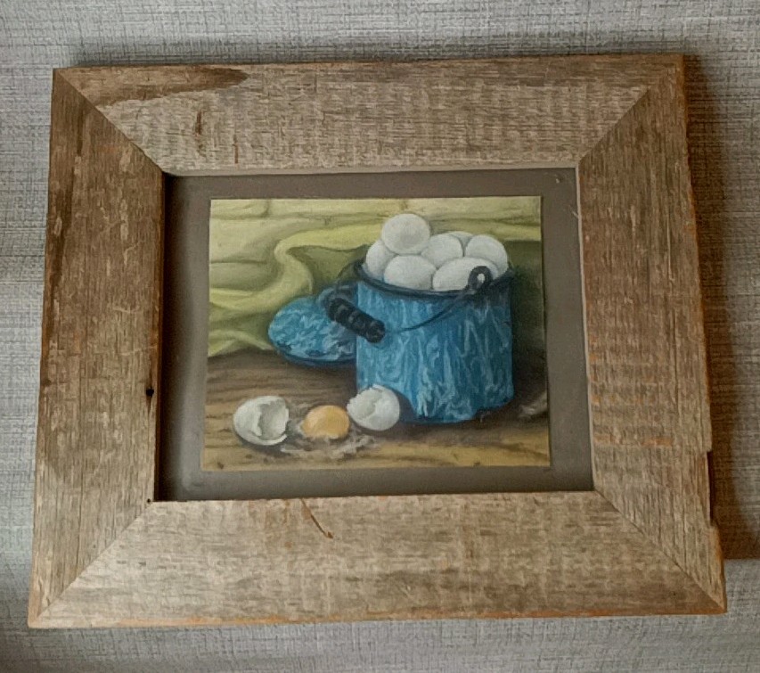 Antique Eggs in Blue Pot Primitive Still Life Folk Art Oil 11X14″ OOAK signed