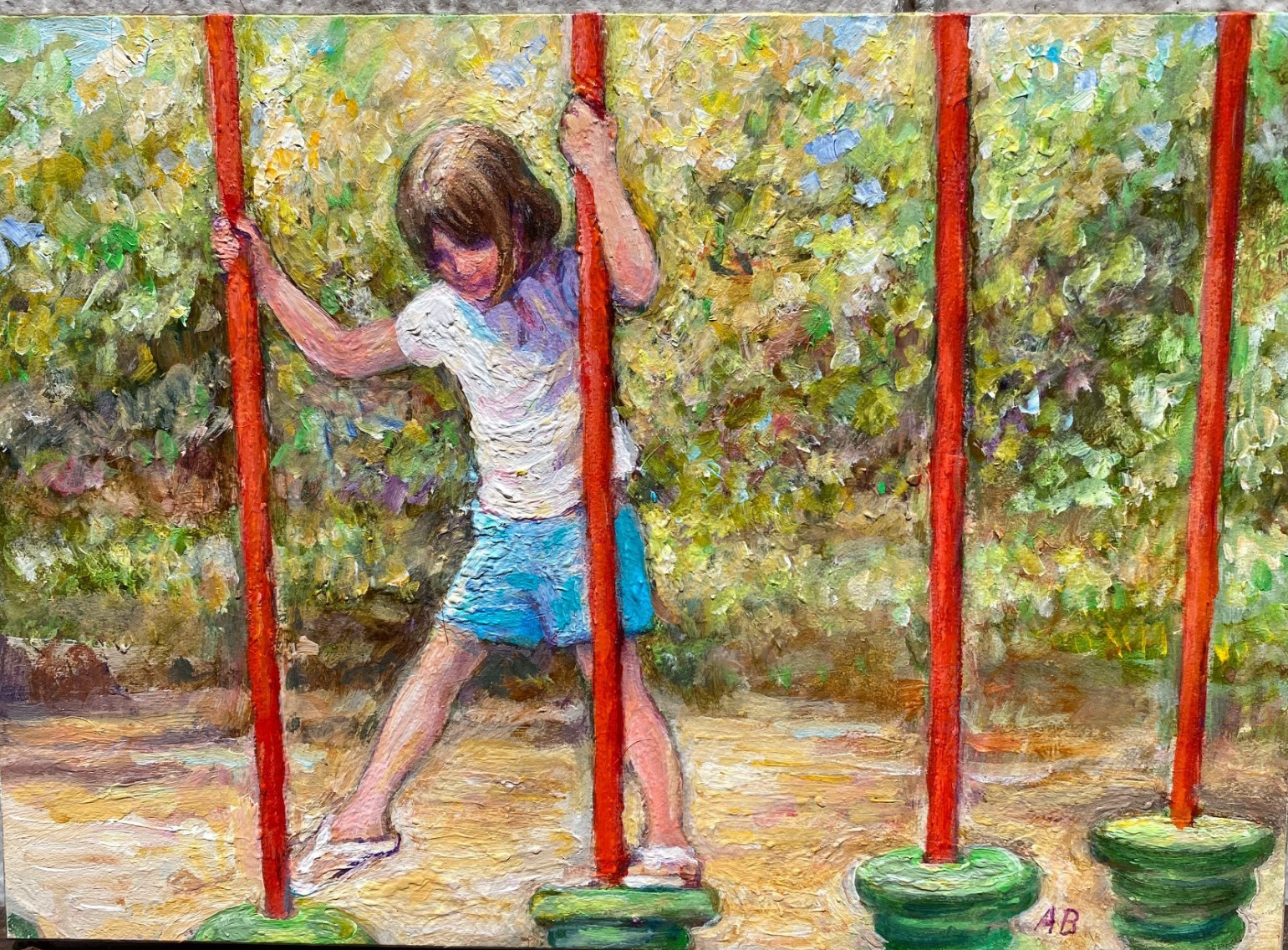 Original Acrylic Painting Girl Child Playing Playground Berkman Art Small