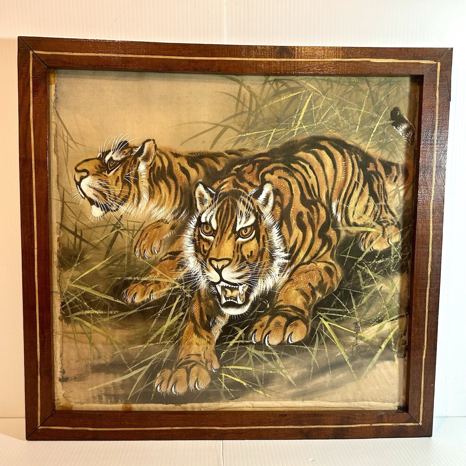 MCM Japanese Tigers Painting on Silk Signed w/Red Seal by artist Sato Suikei