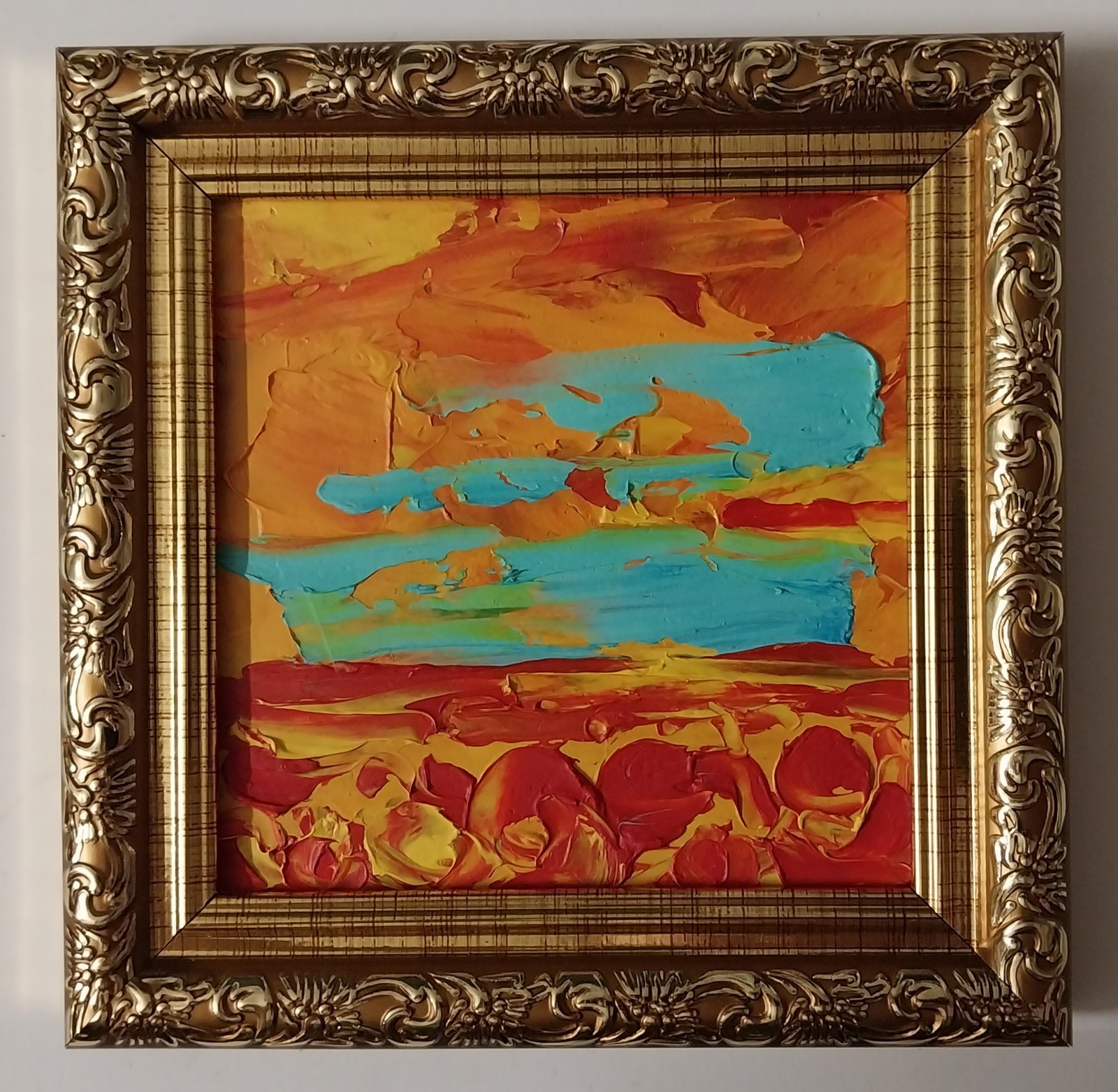 Framed Abstract Poppy Field Sunset Landscape 4×4” Impasto Oil Painting Original
