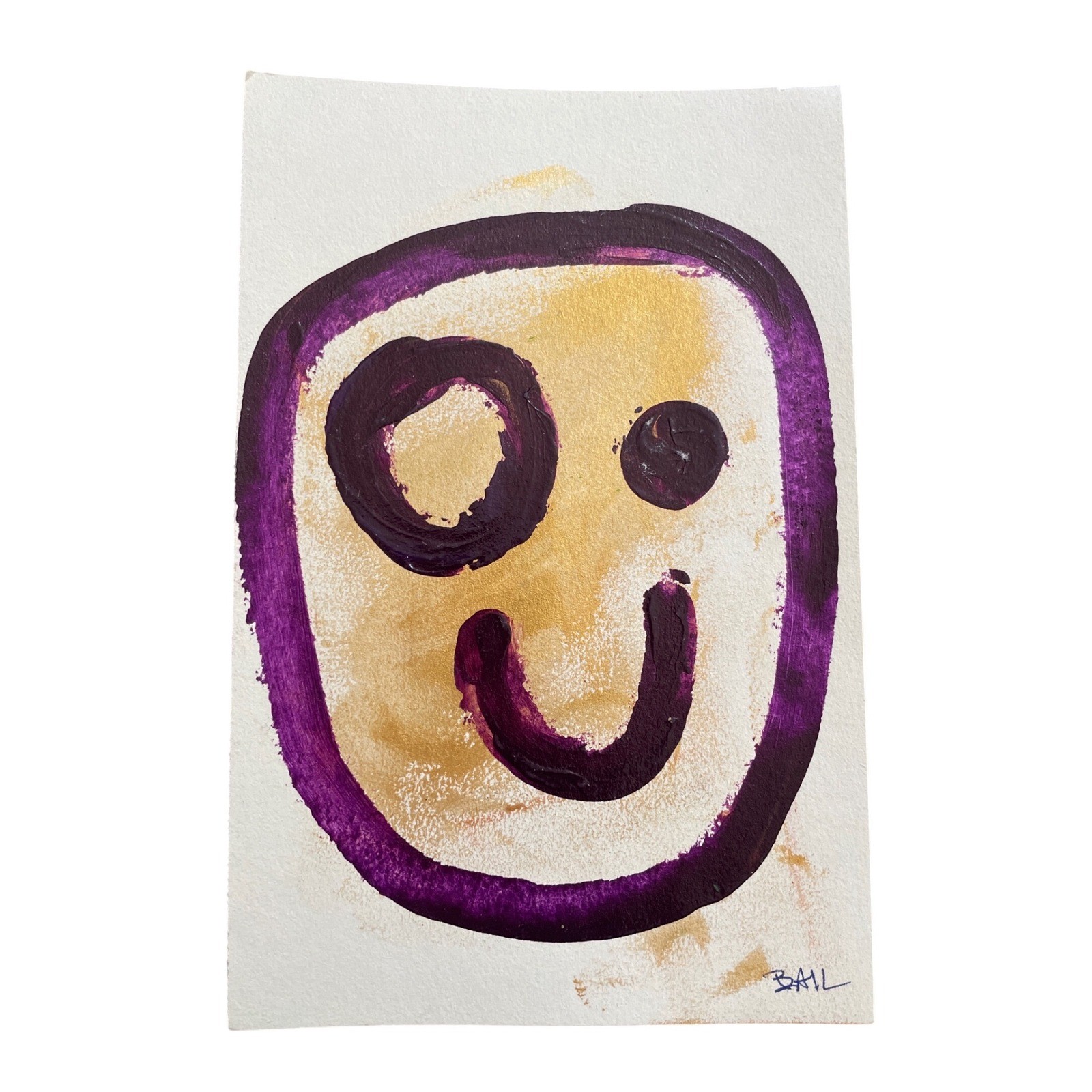Original Abstract Face Painting Purple Gold Mixed Media Art 5.5×8.5 Signed BAIL