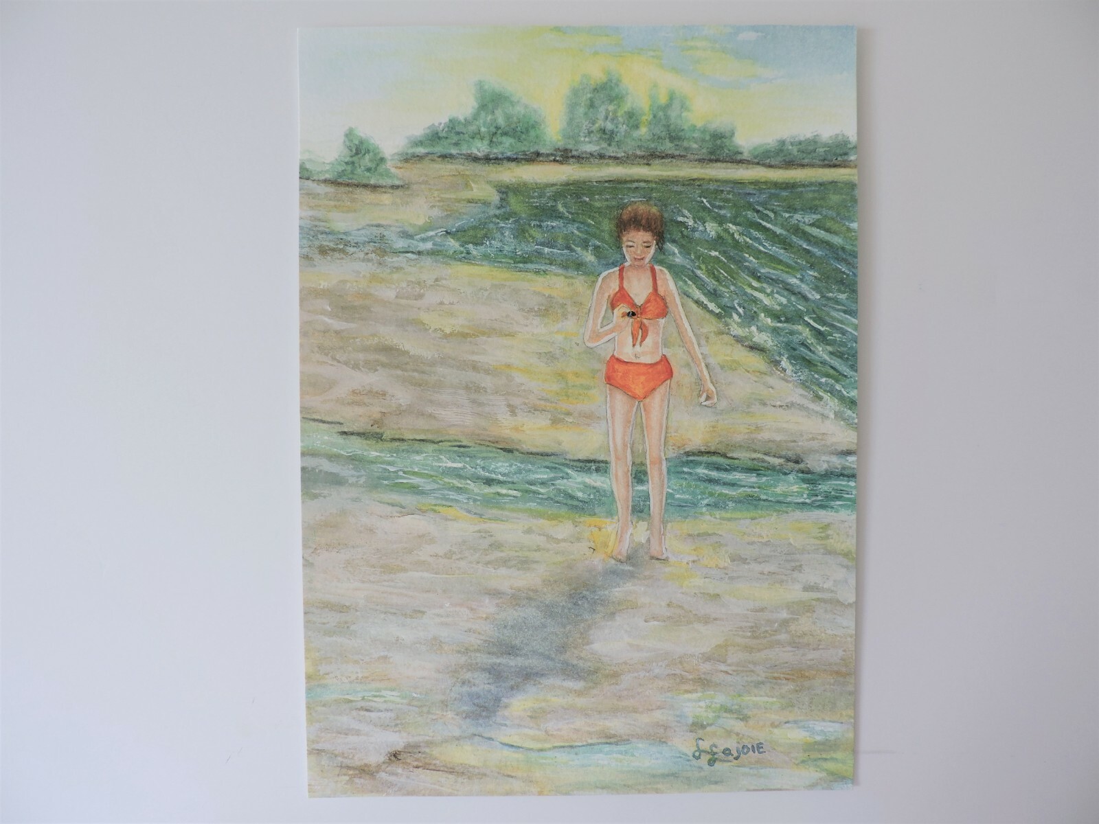 «Finding an Unusual Shell» Original Watercolor Painting Water Beach Girl