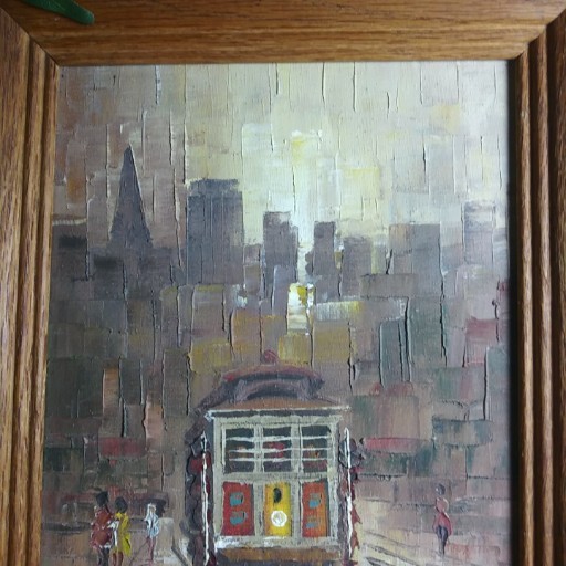 Abstract Cityscape Trolley Brown Tone Impasto Oil Painting 10×12 Framed Signed