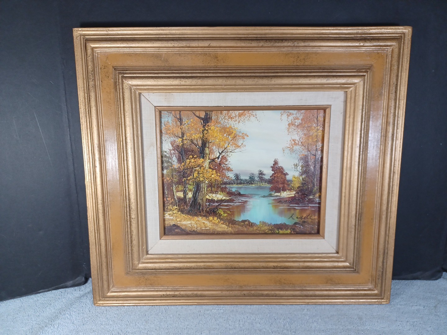 Vtg Oil Paint Forest Lake Scene Fall Autumn Signed Russell Frame 16.5″ x 18.5″