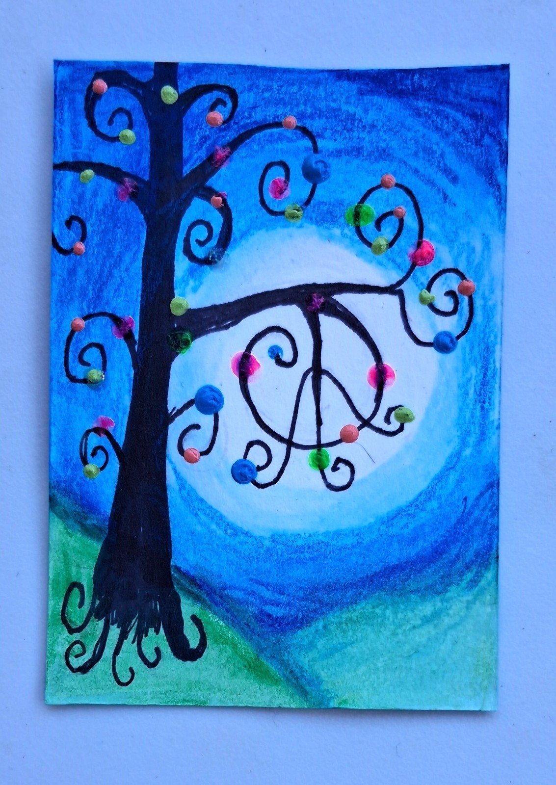 ACEO Art Card PEACE TREE on a Hill in the Moon Light Branches create peace signs