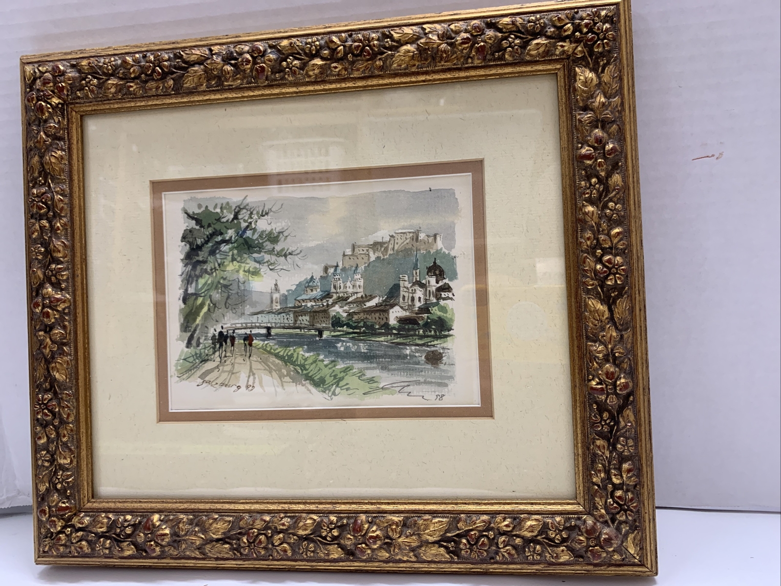 Saltzburg Marina Painting Harbor Watercolor Art Matted Framed 14×12” Germany