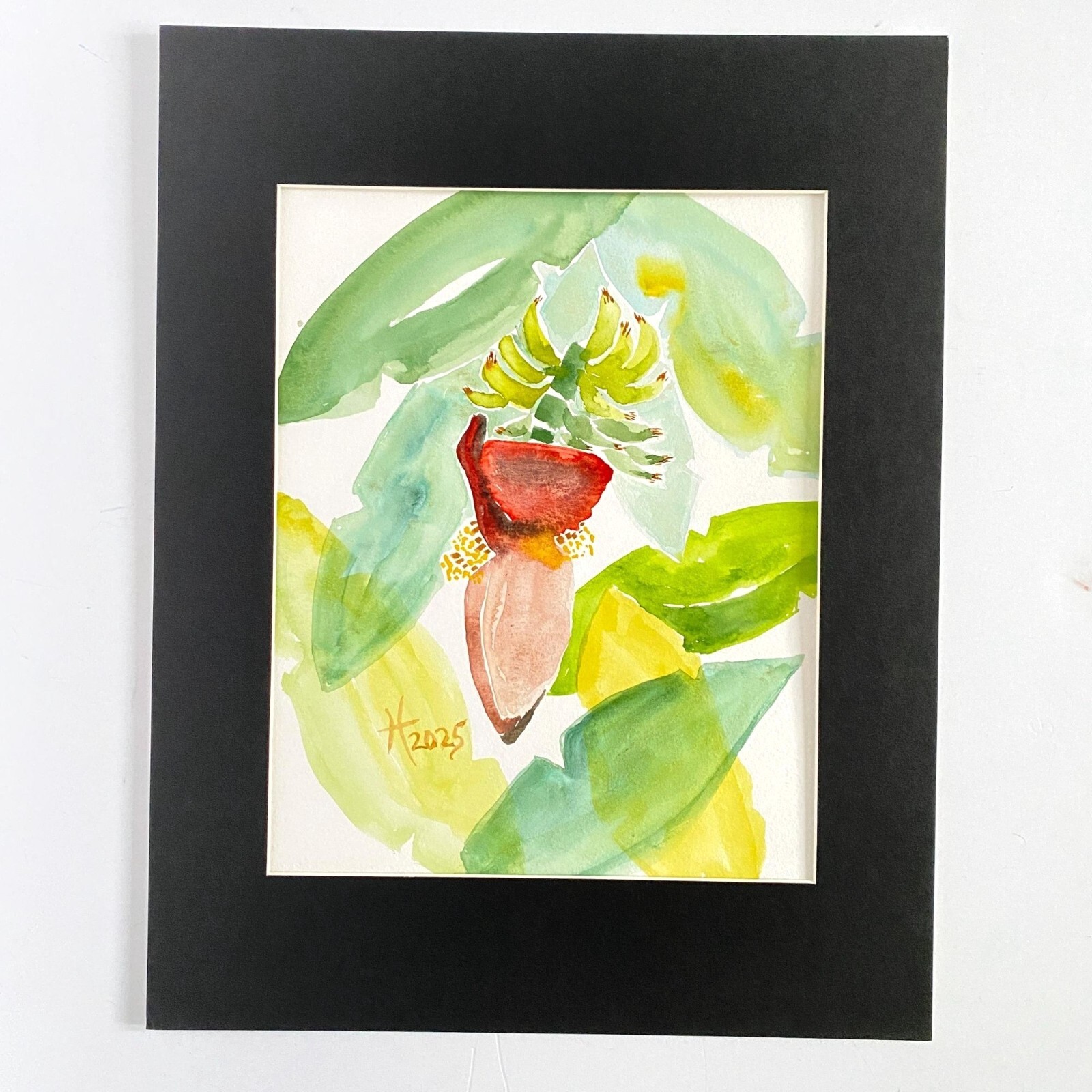 Tropical Delight Original Art Banana Tree Watercolor Painting Matted 11x14in