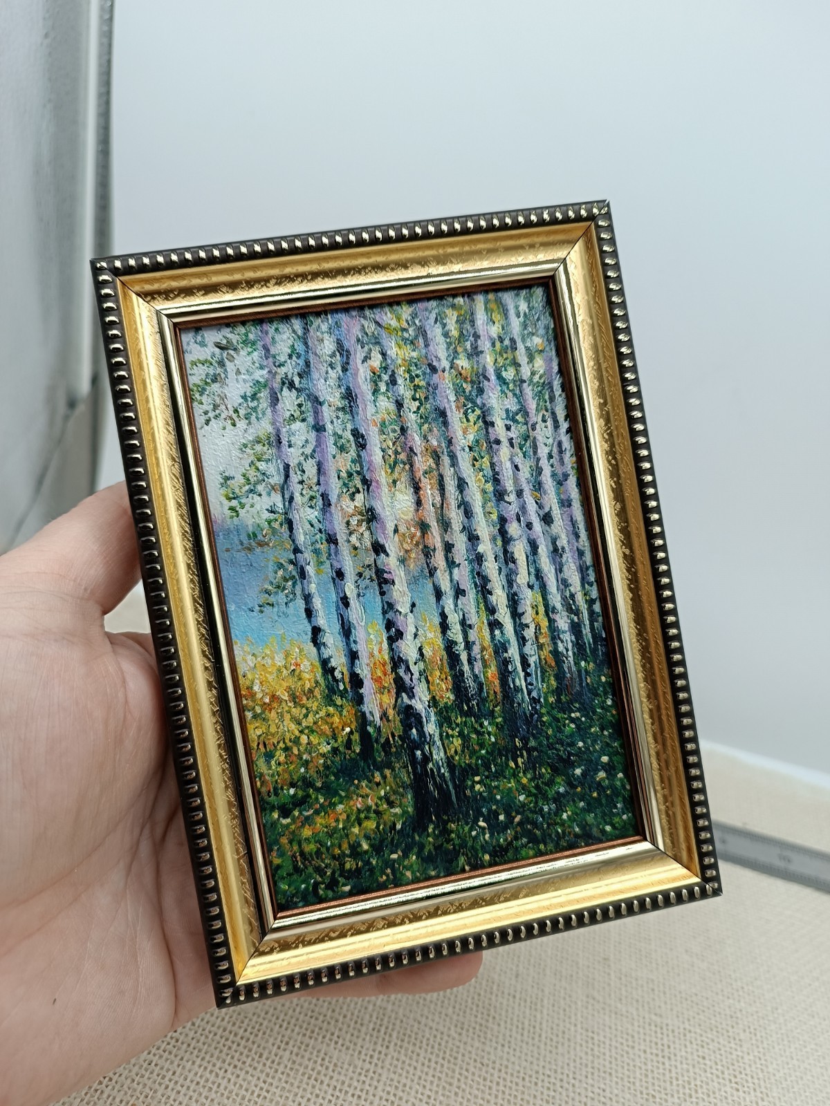 Birch Trees Original Oil Painting 4×6 Framed Signed Forest Landscape Wall Art