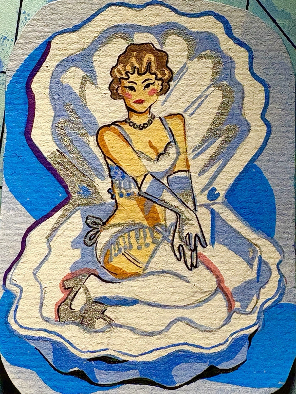 ACEO Original Pinup Lady In Seashell Acrylic on Paper 2.5×3.5 by BrieMcDoodles