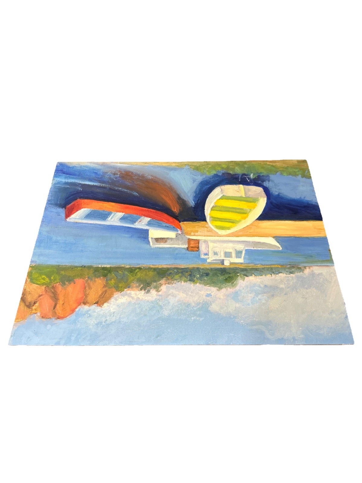 Oil impasto original painting on canvas size 16×12 inches Boats in the bay