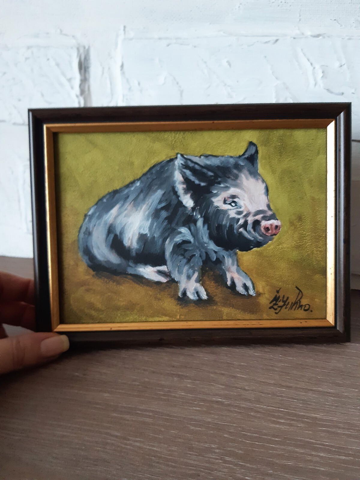 Pig Original Oil Painting Farmhouse Painting Framed 7 x 5 in Farm ann Animal Art