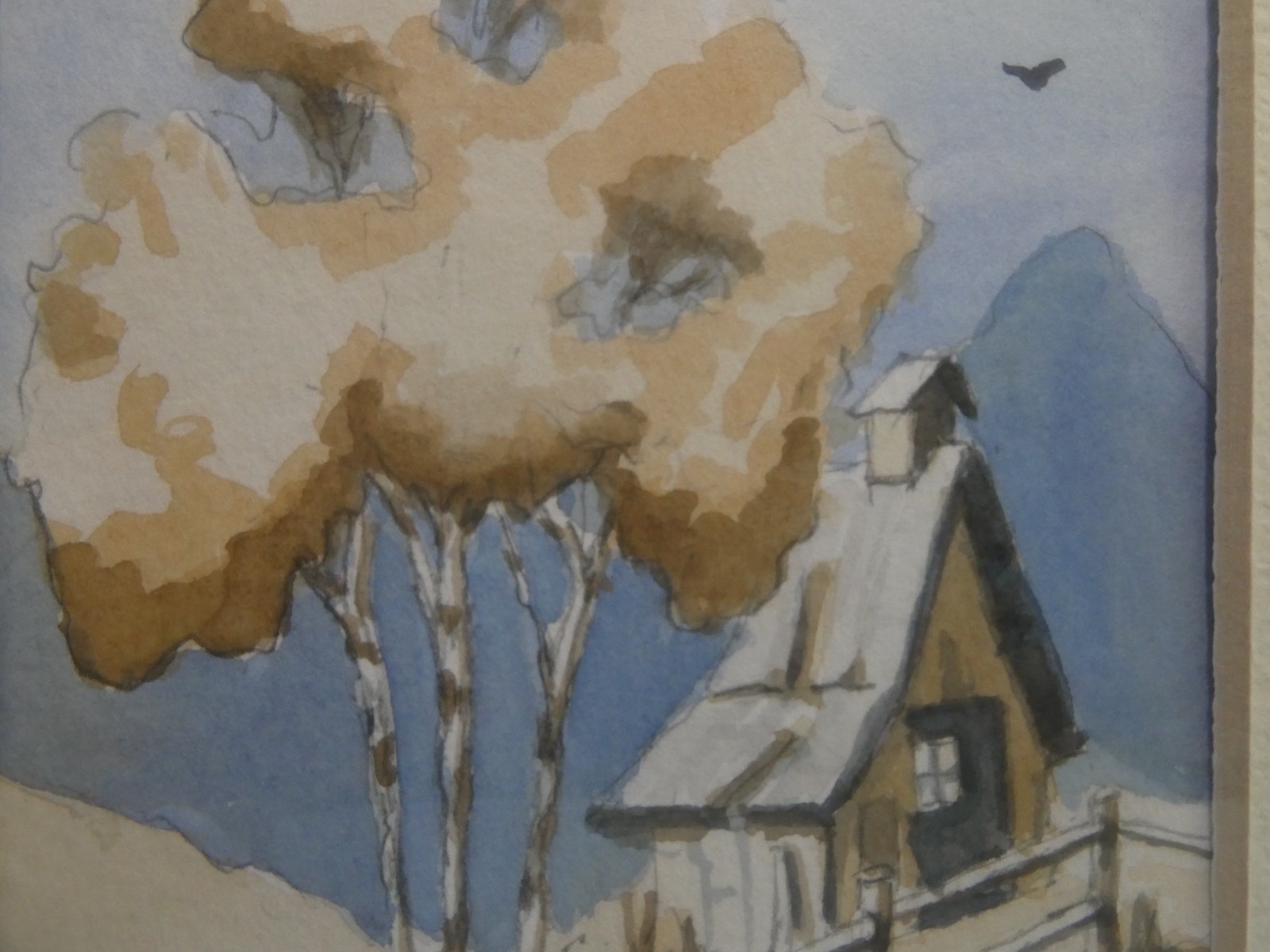 Original water color art Cabin on a hillside Blue with shades of beige & brown
