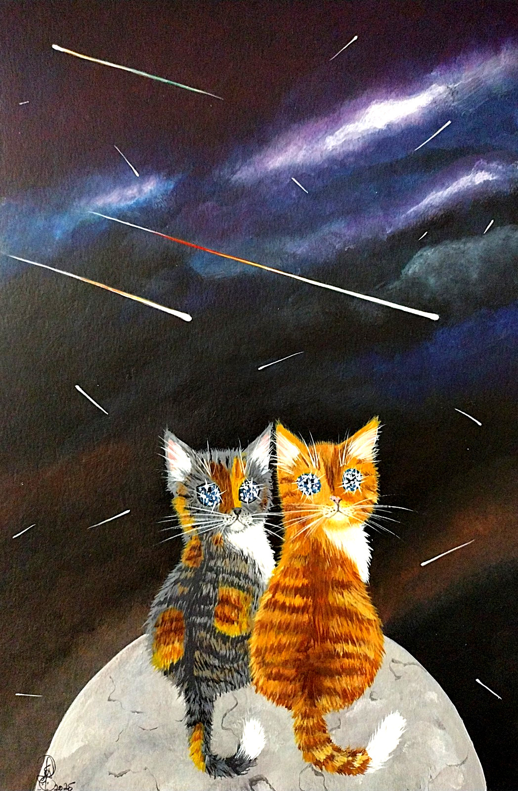 7 1/2 x 11 Original Acrylic Painting. Starry-Eyed Cats & Meteors.