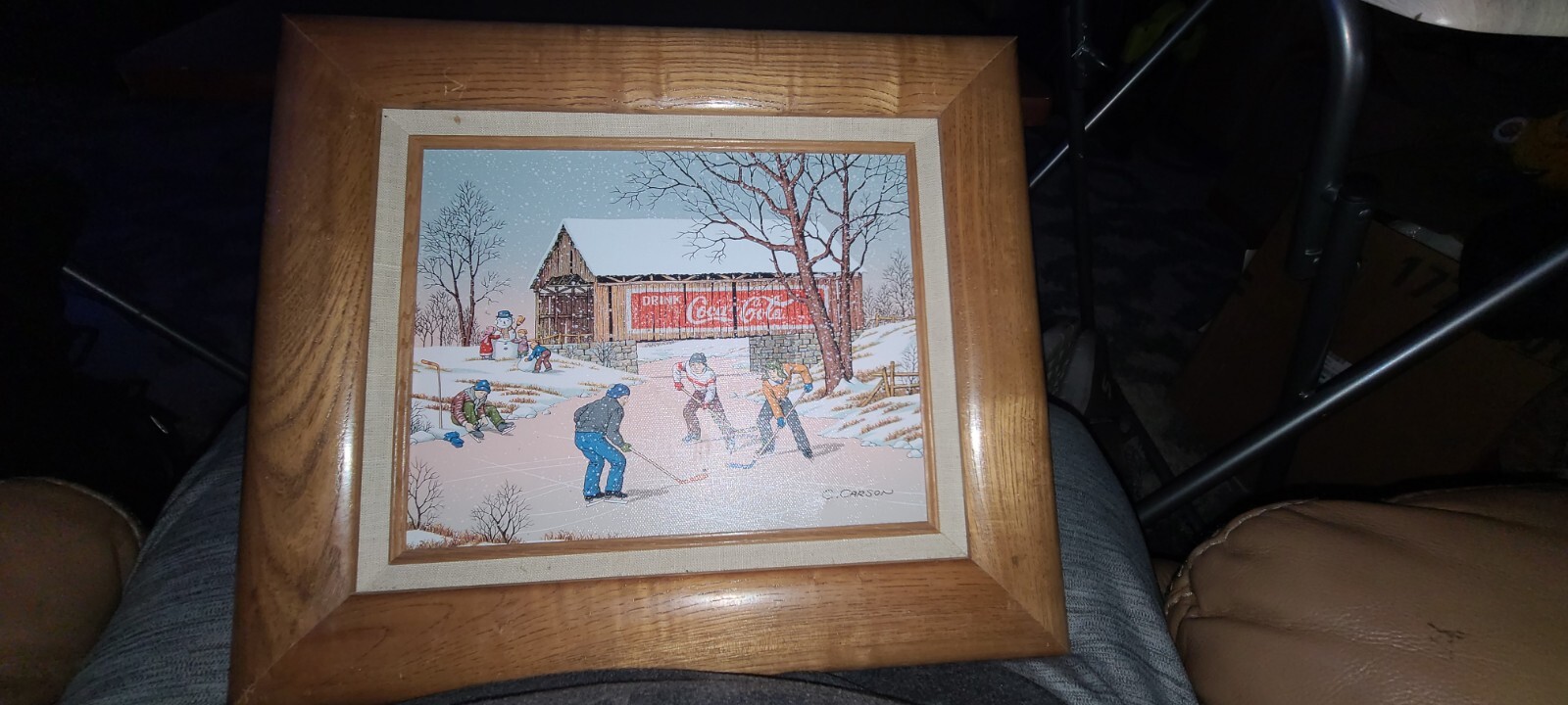 C. Carson Vintage Framed Canvas Oil Painting Boys Winter Hockey on Ice Coca Cola