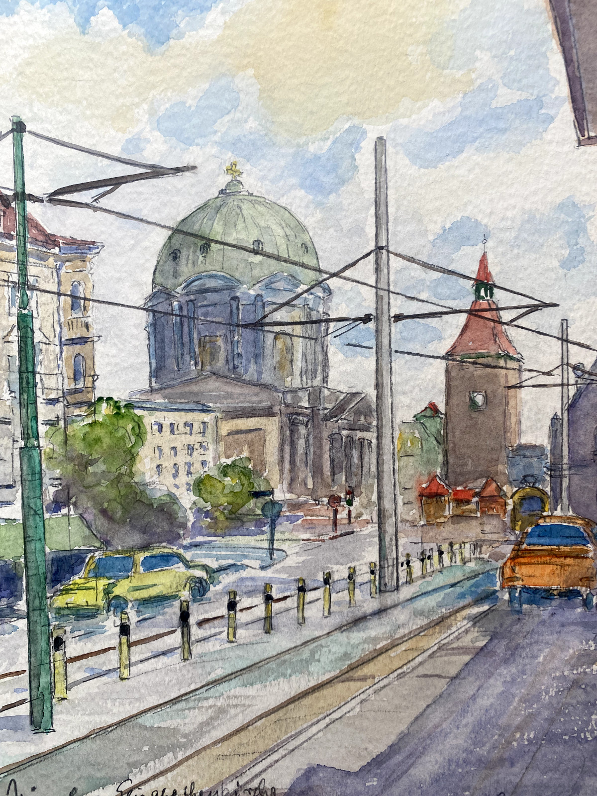 Watercolor Signed Hoffmann Nuremberg Elisabeth Church White Tower Old Town Car