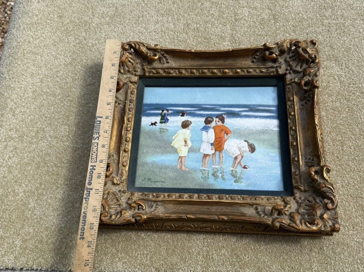 Girls On Summer Beach Signed French Impressionist On Copper Enamel Painting