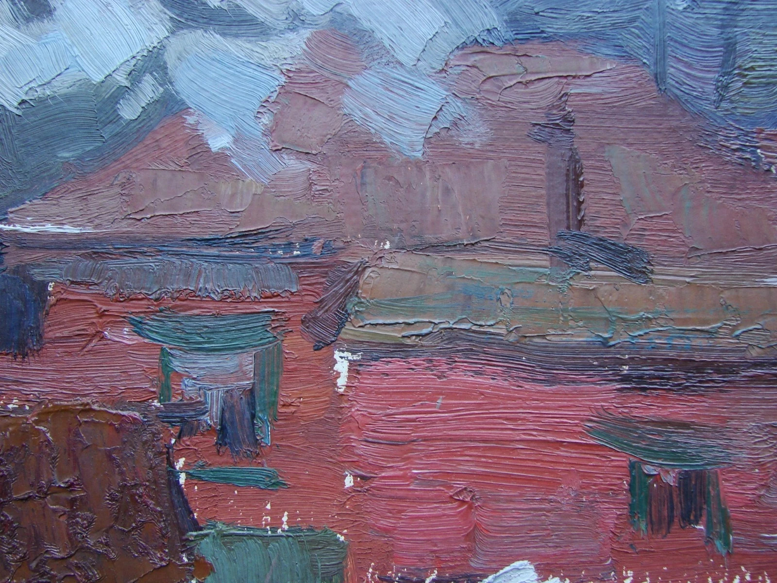 Ukrainian Soviet two Oil Paintings impressionism landscape house rider winter