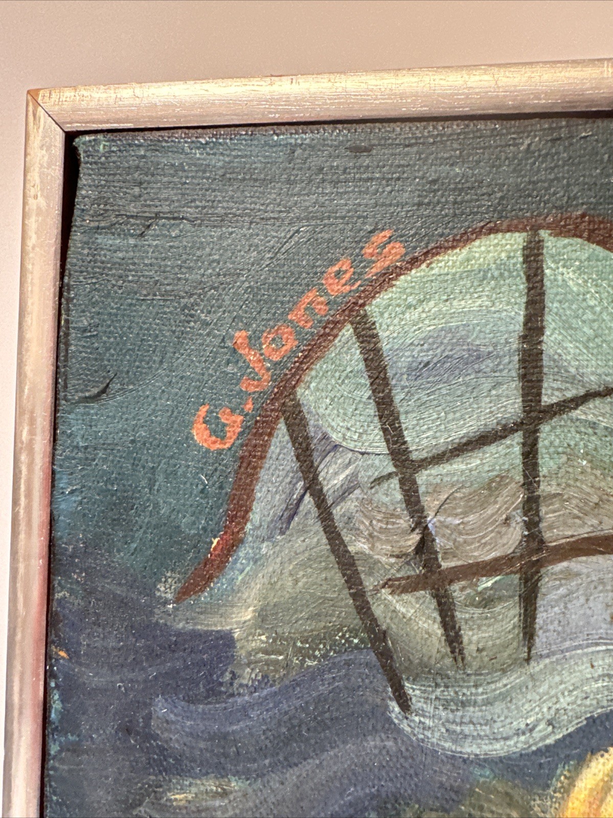 MID CENTURY PAINTING NIGHT BEACH COAST CUBIST MODERNIST JONES WPA ABSTRACT OIL