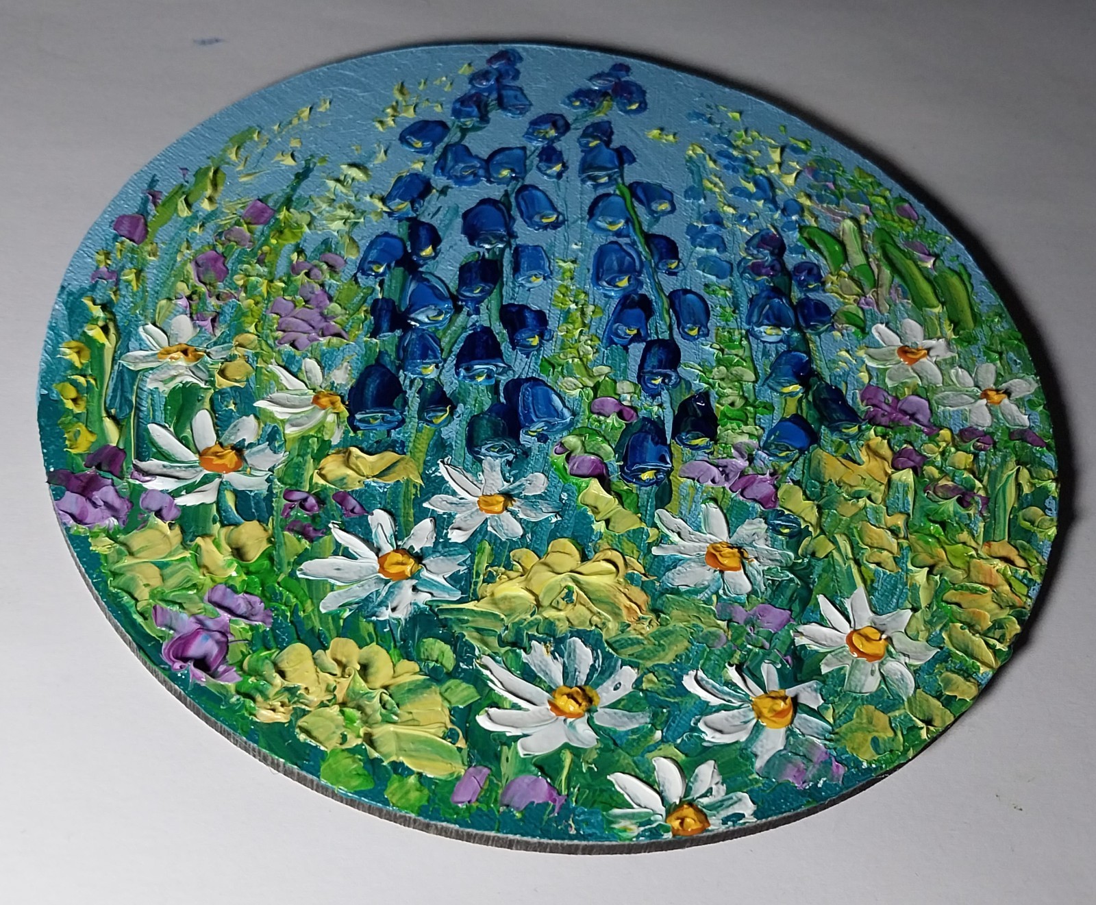 Meadow Flowers Daisies Bells Art Round Canvas 6×6” Impasto Oil Painting Original