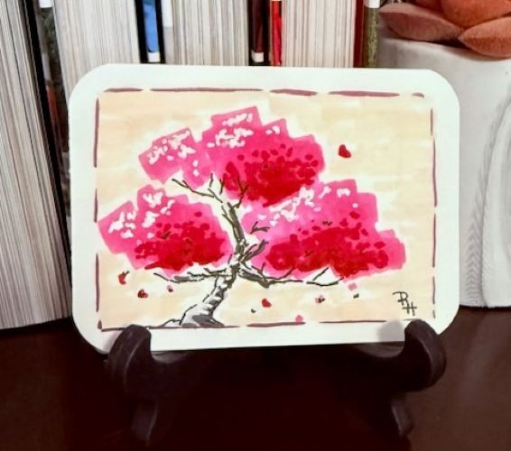 Leafy Garden Tree in Pink ACEO art card original signed 2.5×3.5