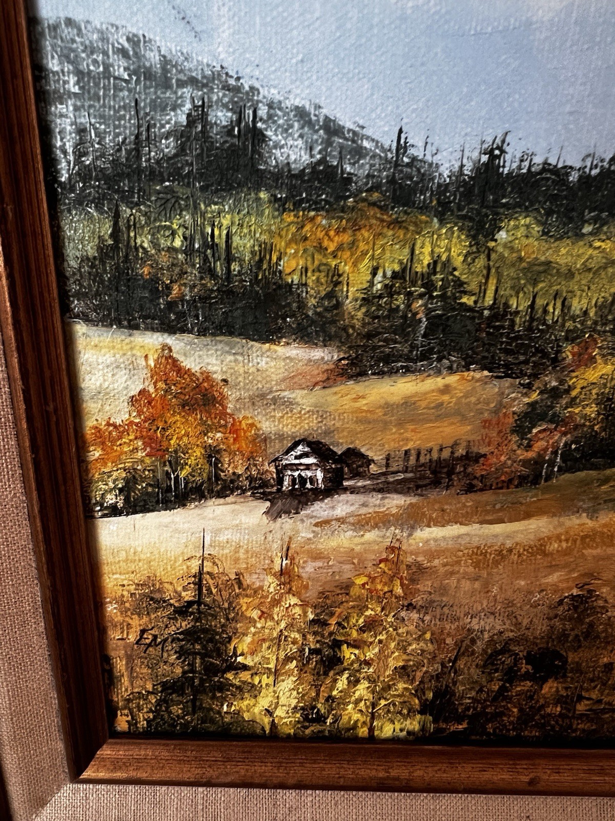 Vintage Pastoral Mountain Scene Cabin Framed Oil Painting EM STOUT 13 x 15
