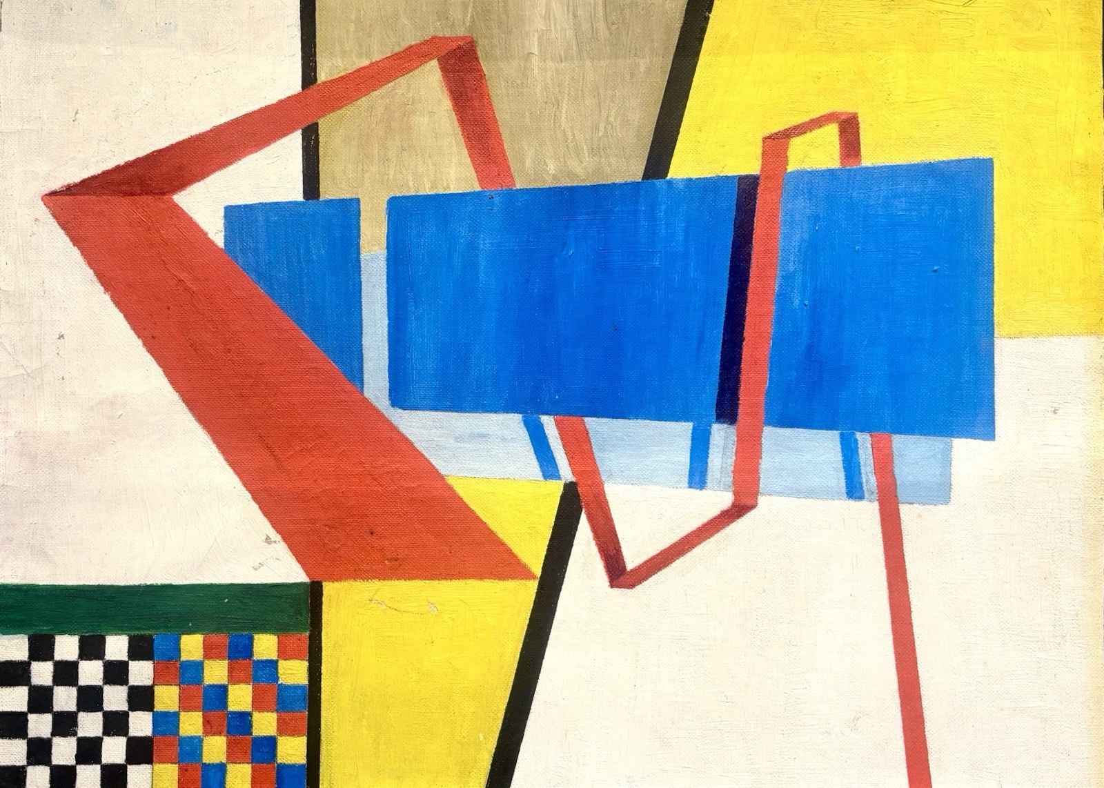 Vintage Mid-Century Geometric Abstract Oil Painting Constructivist Bauhaus Style