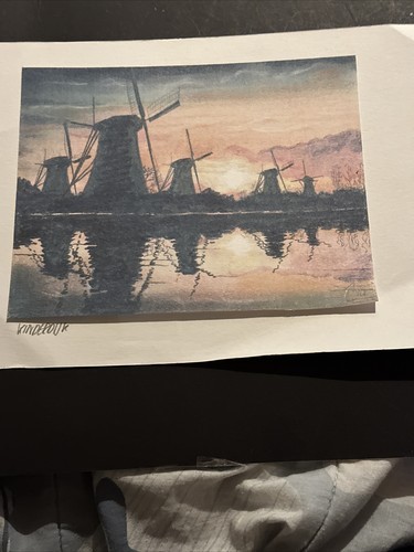 Windmills with sunset reflecting in water print, 8 X 6.5, 11.75 X 8.25 on mat
