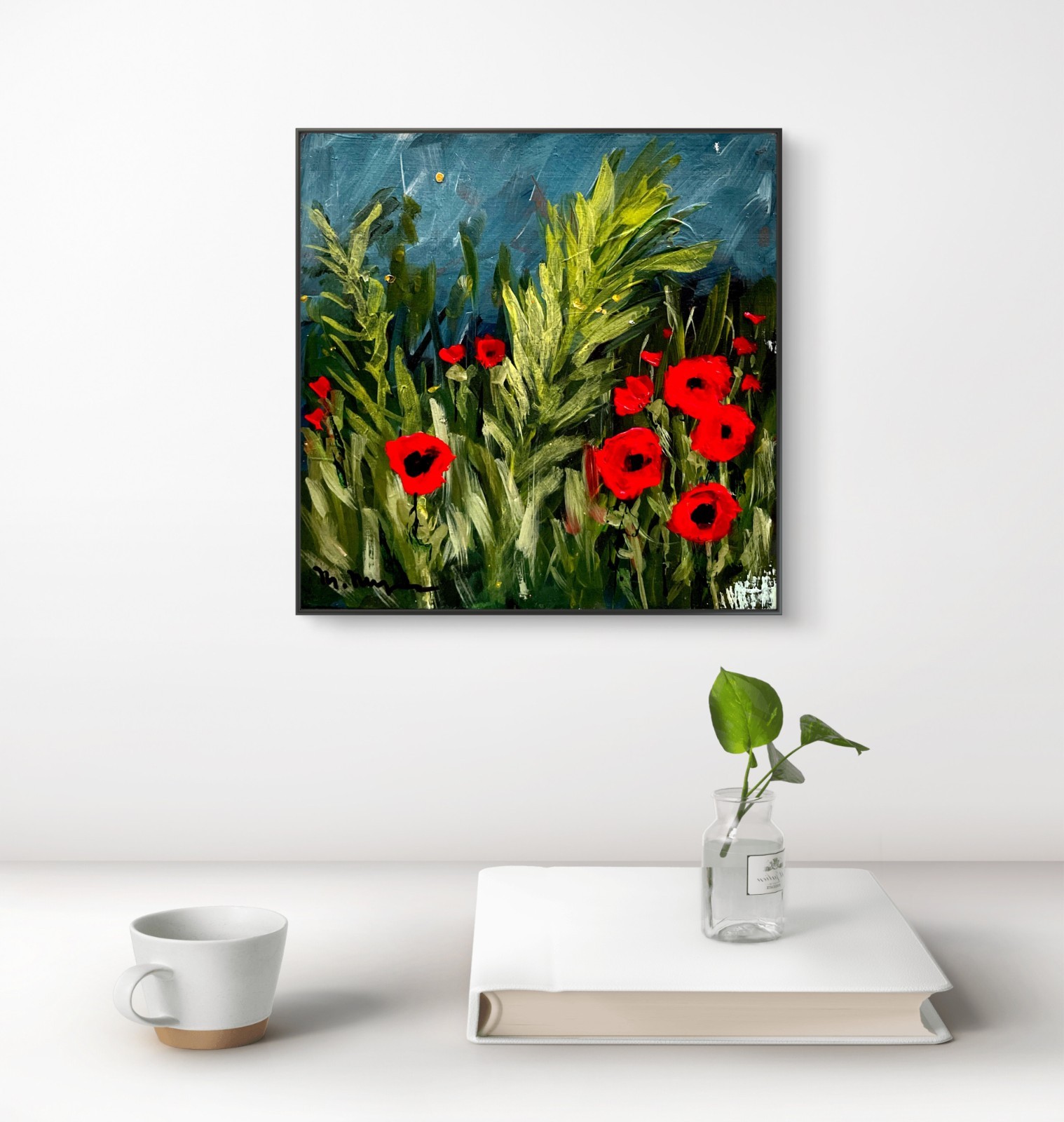 Red Poppy Meadow Textured Painting Original Hand Painted on wood cradled panel