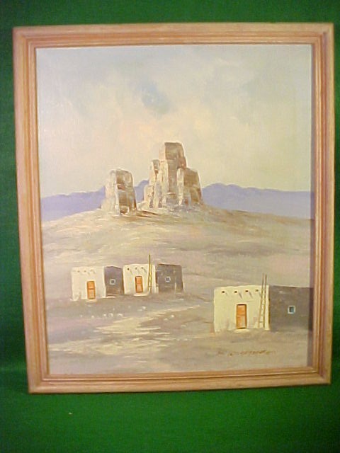 ORIGINAL SANTA CLARA PUEBLO VILLAGE SCENE OIL ON CANVAS PAINTING ARTIST SIGNED