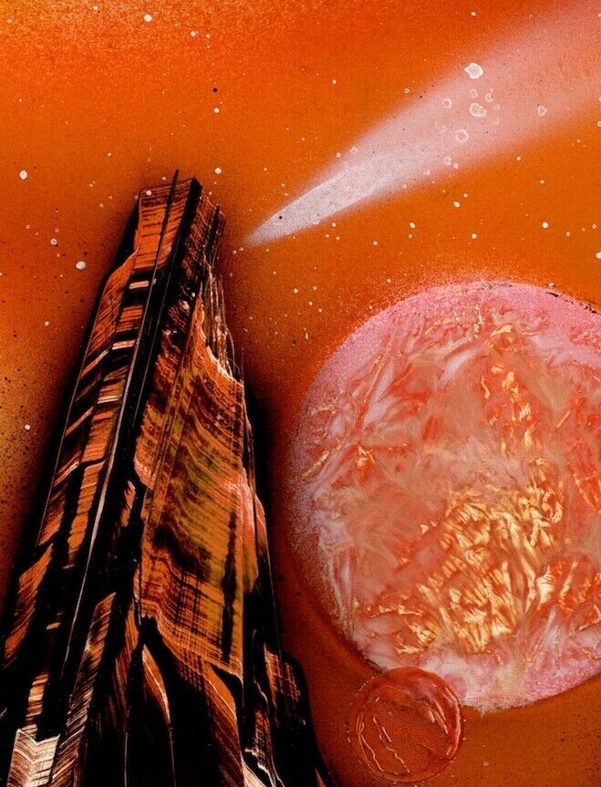 Hand painted and signed Original Space Landscape with Orange Double Moon.