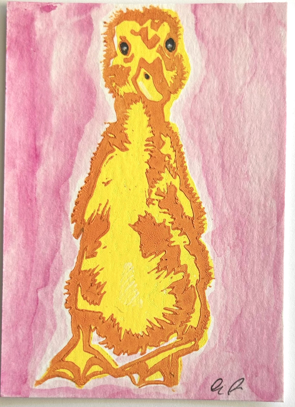 aceo original art by Emily Beck, linocut, watercolor, duckling 3, 3.5 x 2.5