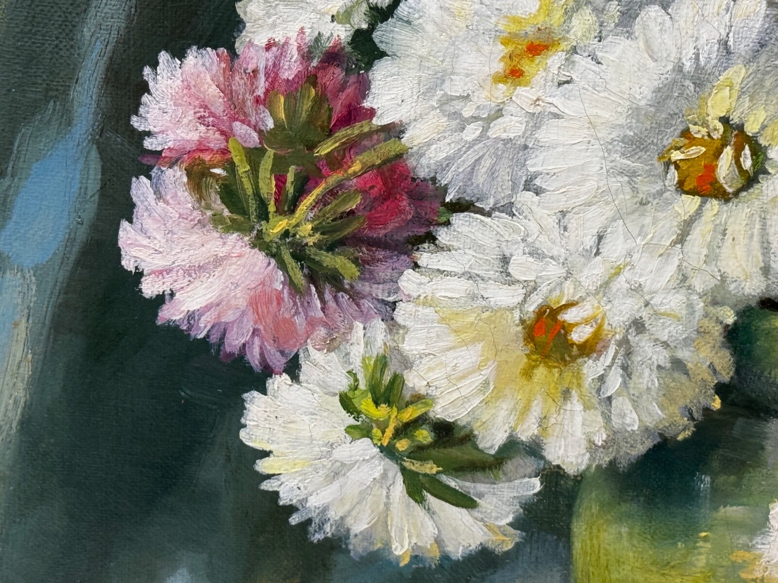 Victorian Still Life Oil Painting Flowers Chrysanthemums In Vase Emily Selinger