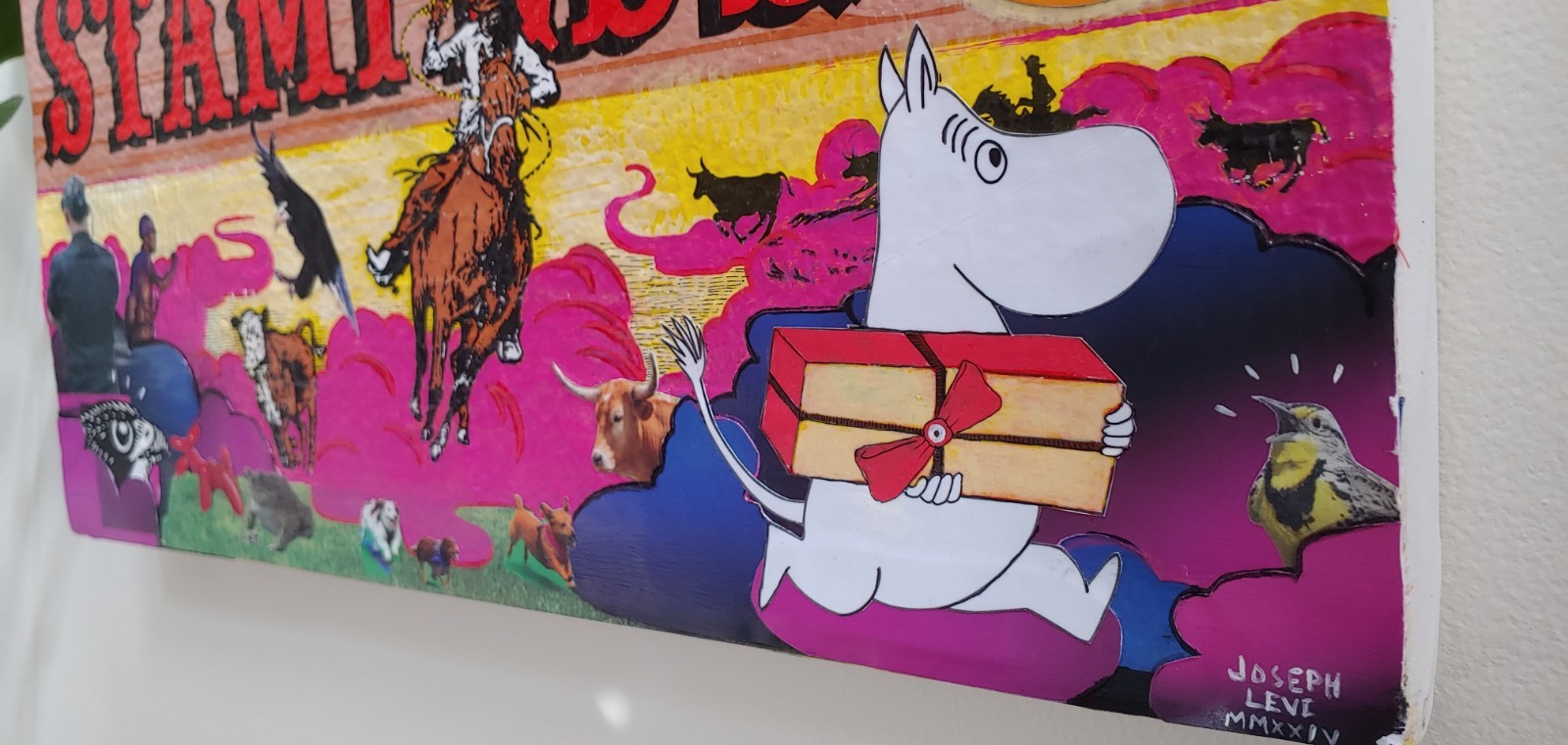 Colorful Modern Art Stampede Collage Moomin 16×8 Original Mixed Media on Canvas