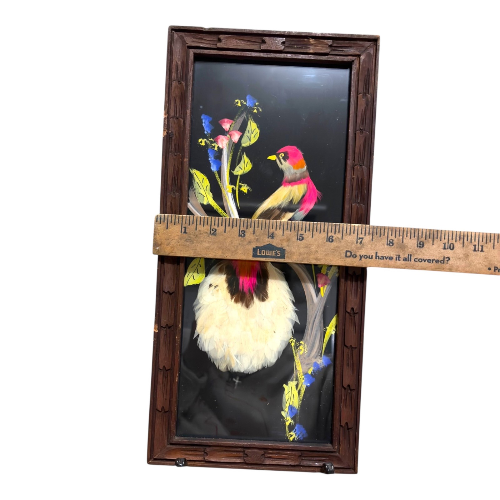 Framed Feather Peacock Art Dopamine Floral Accents Rustic Wooden Frame 14″ x 7″