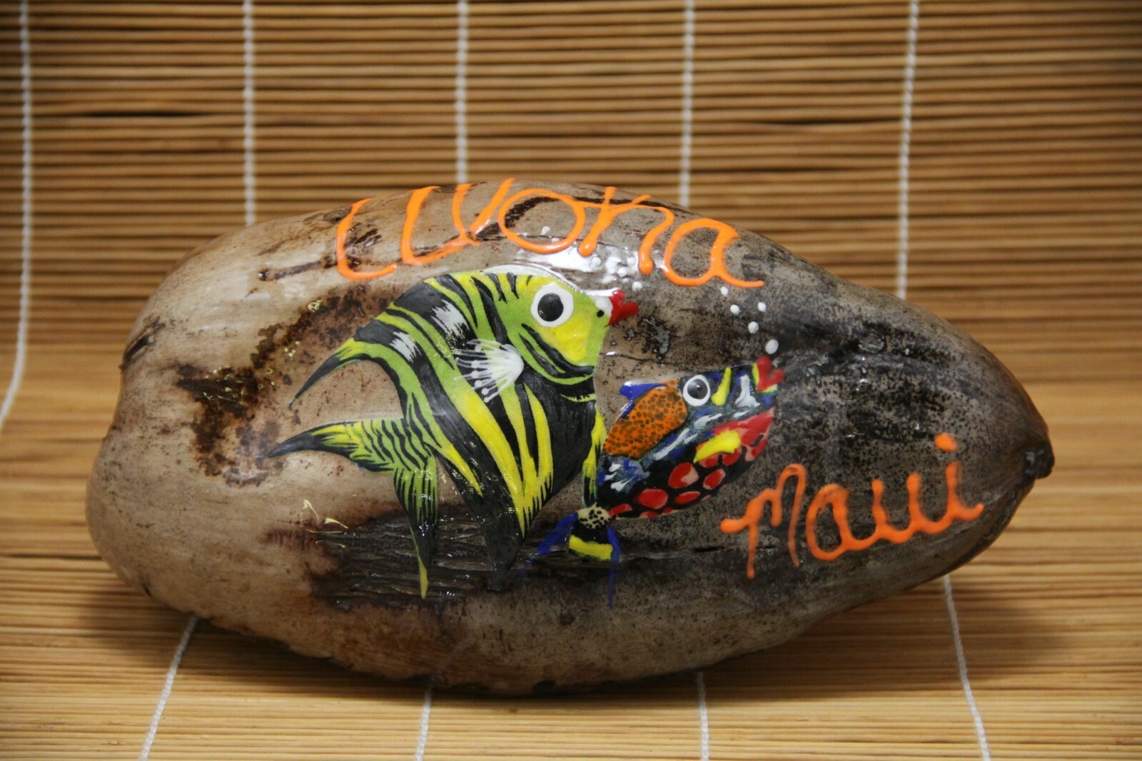 Hawaii Maui Folk Art «Aloha Maui» Coconut Seed Souvenir Fish Art – G1