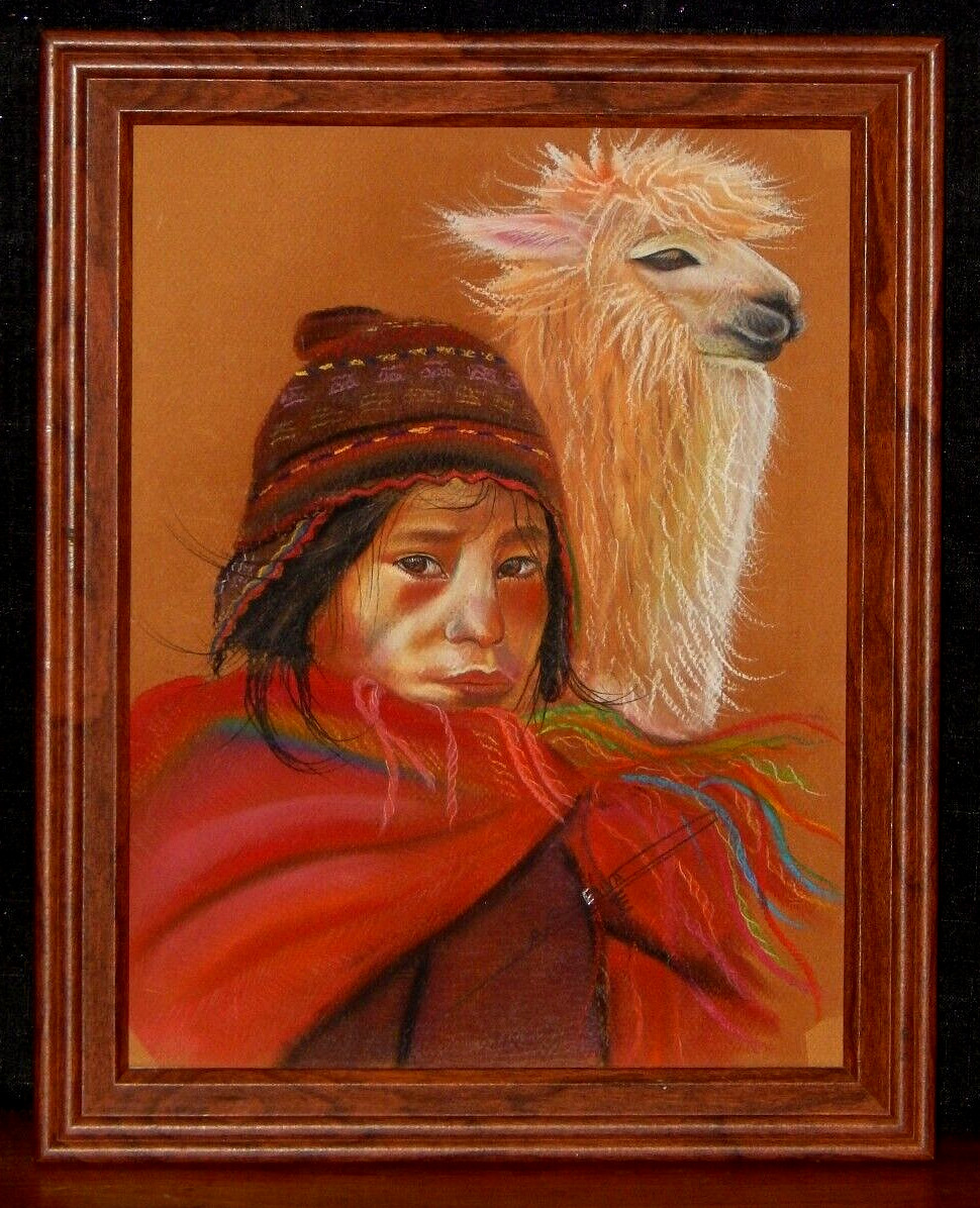 Alpacas, Llama, & Shepherd From Peru Andes. Original Painting, by: A. C. Eqiva
